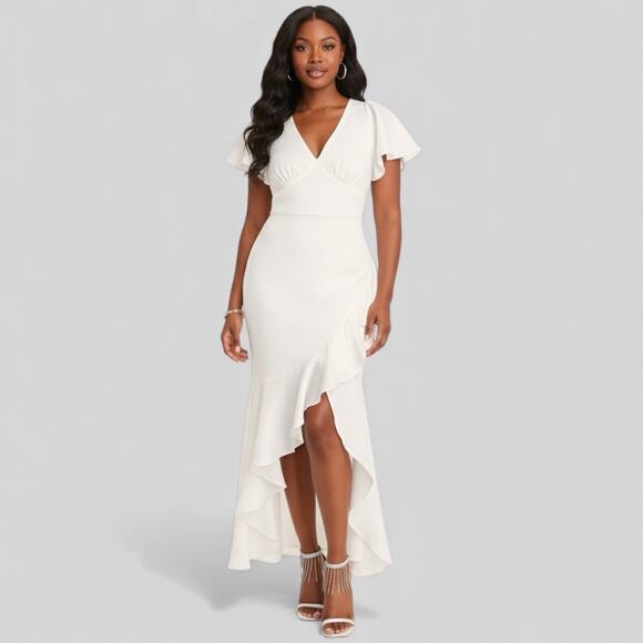 Lulus Eternal Bond Maxi Dress Womens 1X White Satin Ruffle Flutter Sleeve Event - Picture 1 of 5